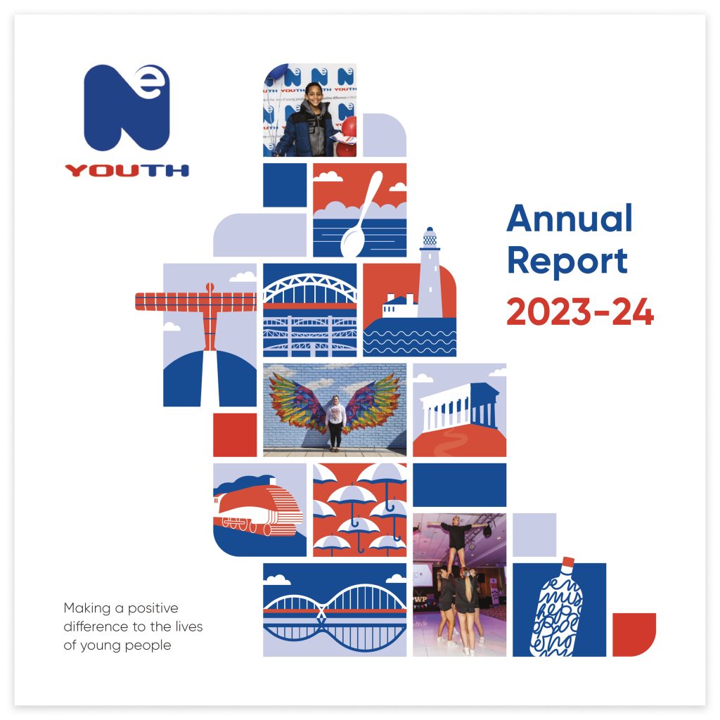 The cover of our 2023-24 annual report, which is mainly white but shows illustrations of north east icons such as the angel of the north, the bridges over the river Tyne, and St Mary's Lighthouse. It also shows photographs of children during their activities.